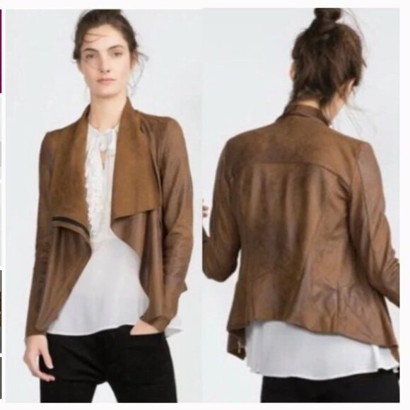 Zara Brown Faux Suede Leather Moto Jacket Cowl Neck Zip Up - Size XS - Picture 1 of 16